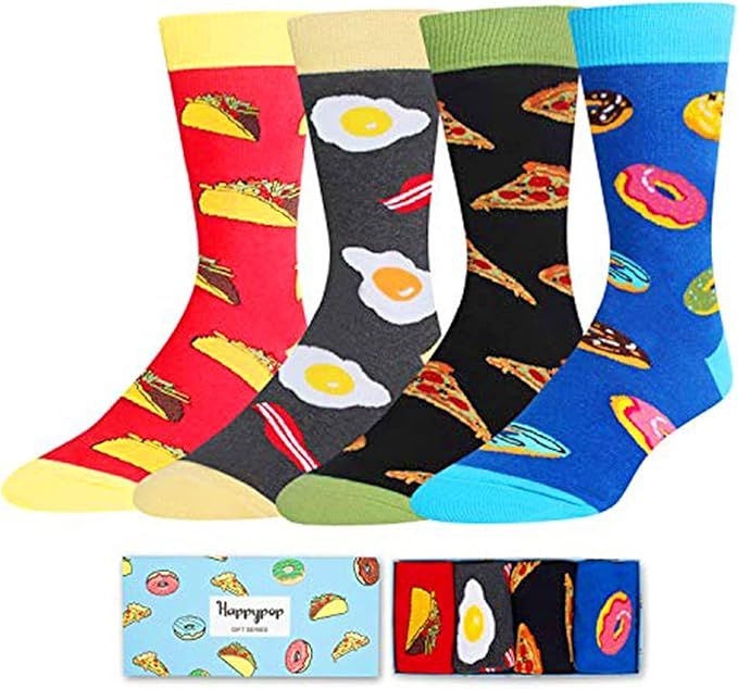 HAPPYPOP 4 Pairs Food Socks for Men, Pizza Bacon Taco Donut Socks Teen Boy, Funny Pizza Taco Gift... | Amazon (US)