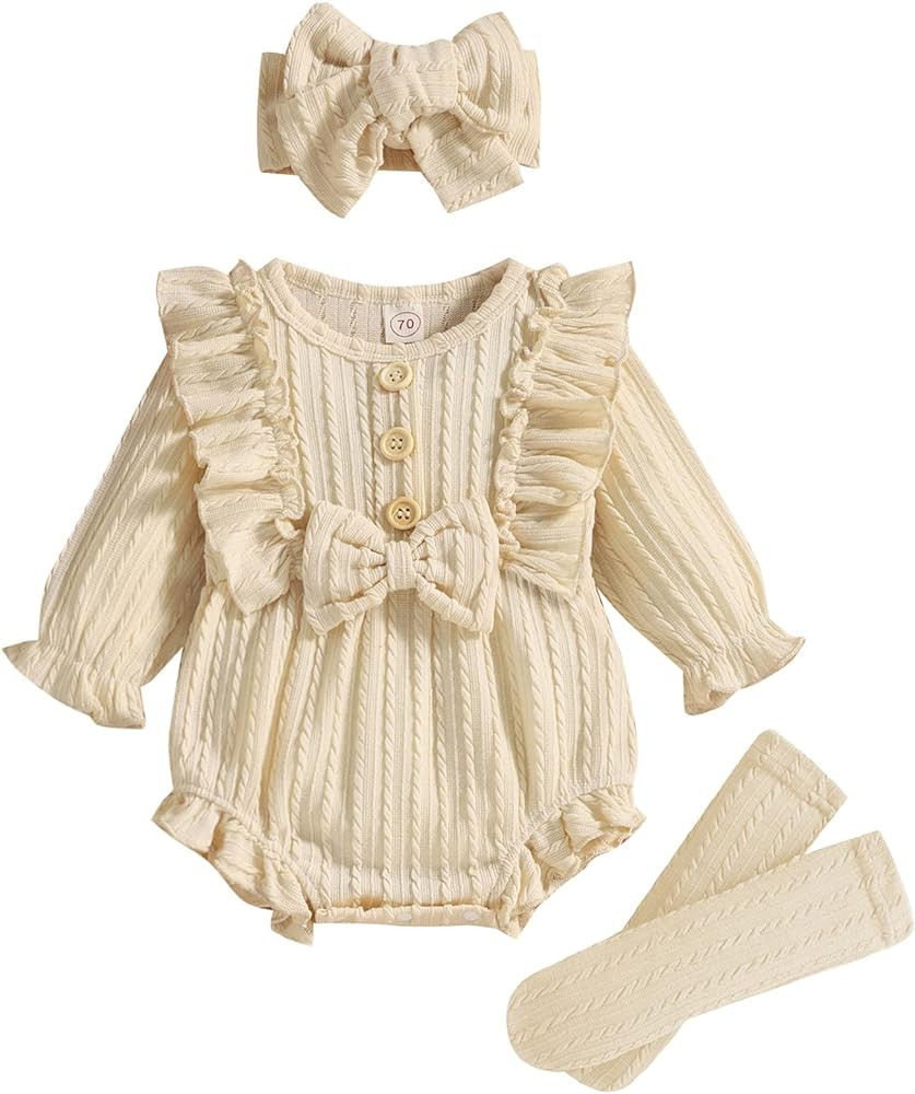 GRNSHTS Newborn Baby Girl Clothes Ruffle Solid Sweater Long Sleeve Romper+Hairband+Socks 3Pcs Fal... | Amazon (US)