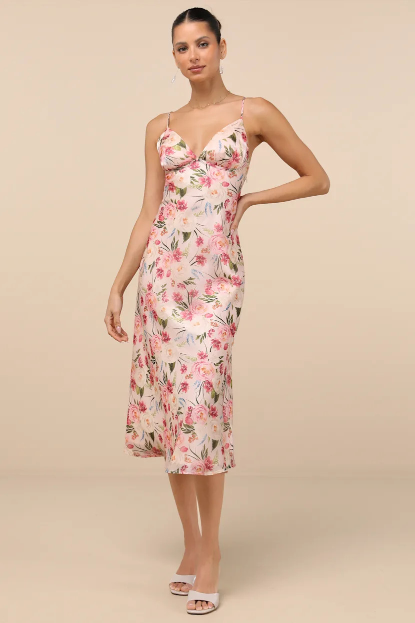 Alaia Blush Multi Floral Satin Backless Midi Dress | Lulus