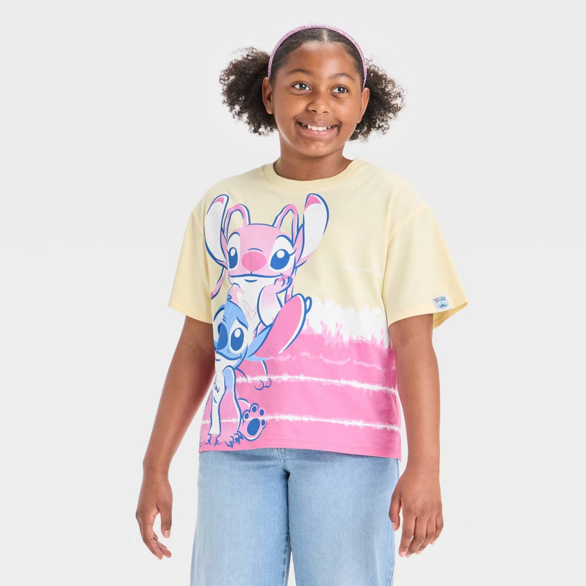 Girls' Disney Stitch and Angel Boxy Washed Short Sleeve Graphic T-Shirt - Yellow | Target