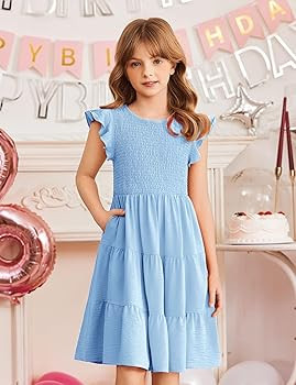 Arshiner Girls Summer Flutter Short Sleeve Sundress Smocked Elastic Waist Tiered Midi Dress with ... | Amazon (US)