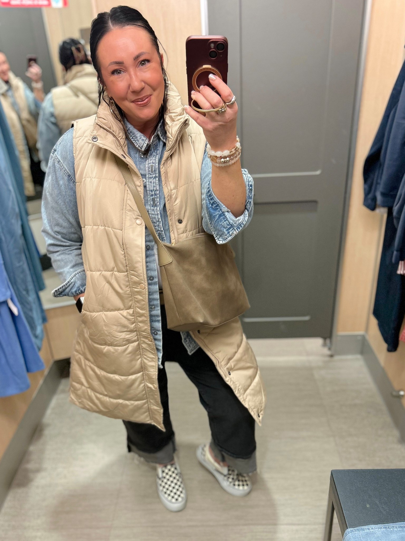 Casual OOTD! XL long puffer vest. Has a detachable hood. Large denim button down. Back in stock at Target! XL ribbed tank. Size 16 regular length jeans. Vans run true to size  

#LTKPlusSize #LTKOver40 #LTKootd