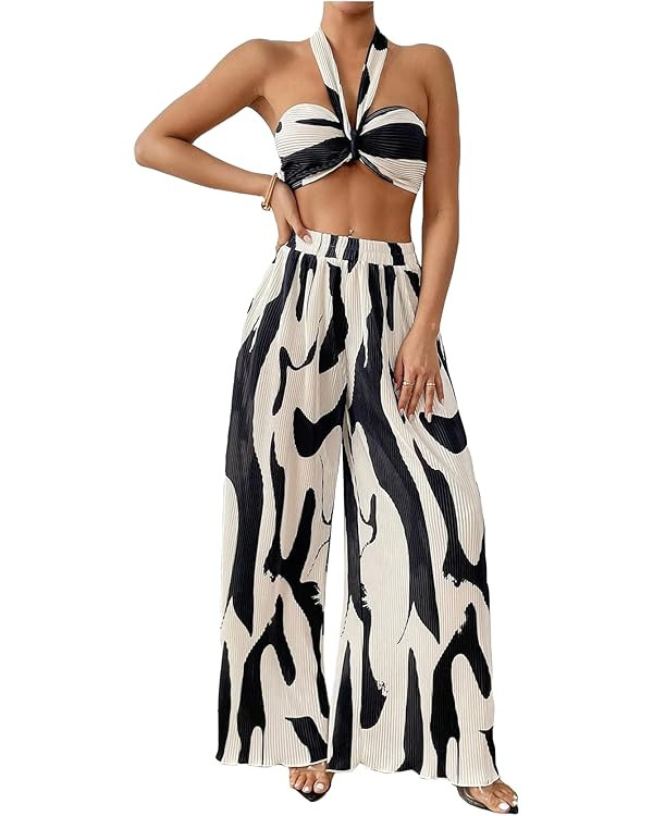 OYOANGLE Women's 2 Piece Outfits Graphic Print Knitted Crop Halter Top and Wide Leg Pants Set | Amazon (US)