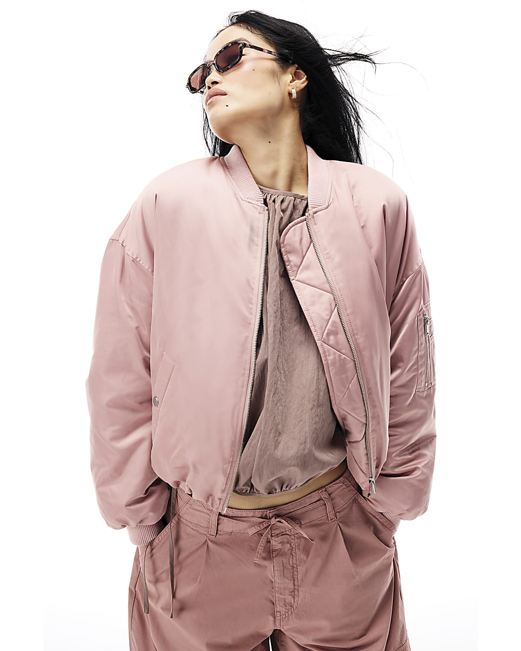 Pink Oversized Ruched Hem Bomber Jacket | River Island UK & IE