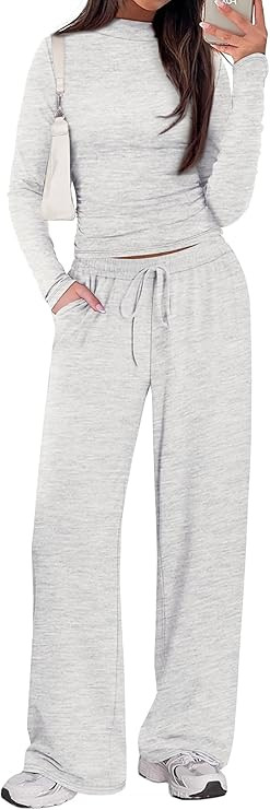 SAMPEEL Two Piece Lounge Set for Women 2 Piece Fall Outfits 2025 Mock Neck Ruched Tops Wide Leg P... | Amazon (US)