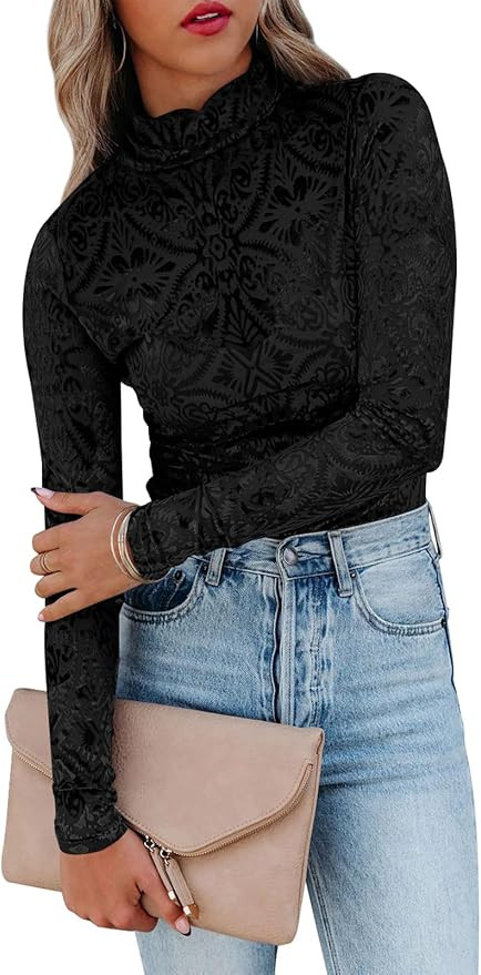 miduo Womens Slim Fit Velvet Burnout Mesh Top Turtleneck Long Sleeve Semi-Sheer Shirt Blouses Top... | Amazon (US)