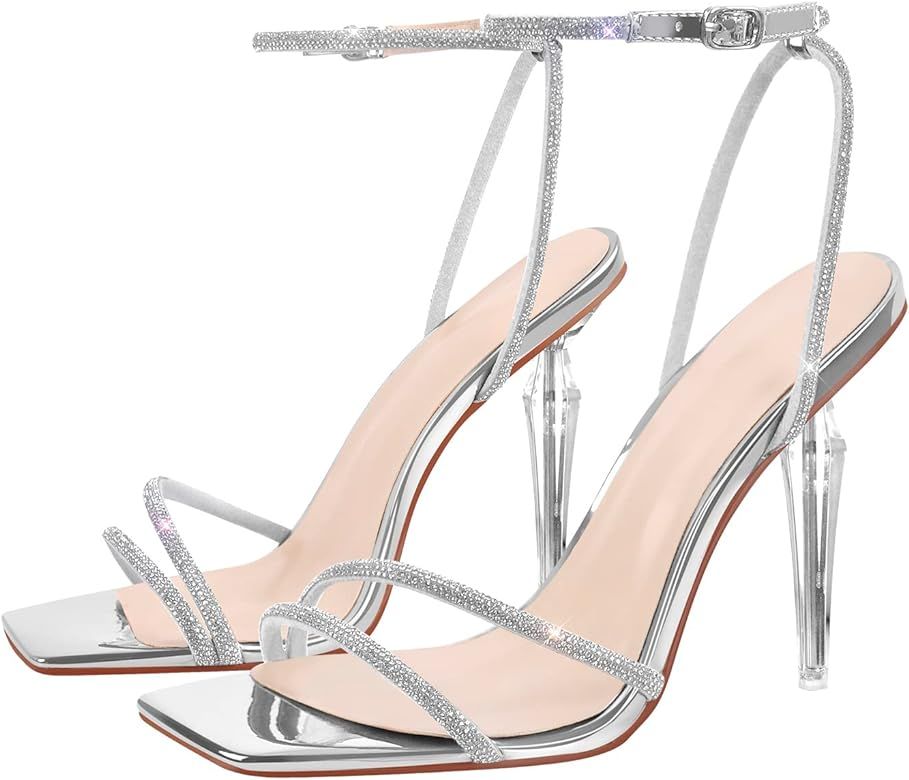 LISHAN Womens' Clear Square Toe Heel Sandals Bow Knot Strappy Stiletto Heels | Amazon (US)