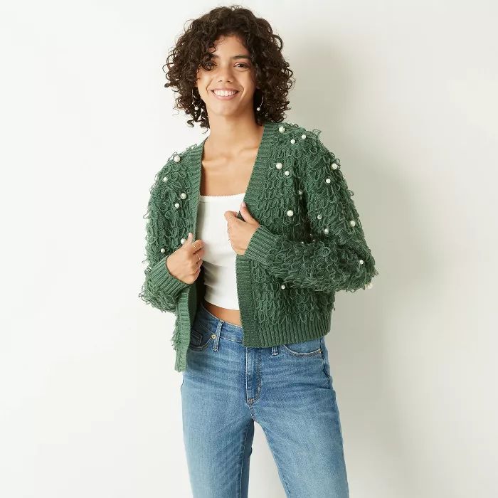 Women's Holiday Loop and Pearl Cardigan Sweater  - Green | Target