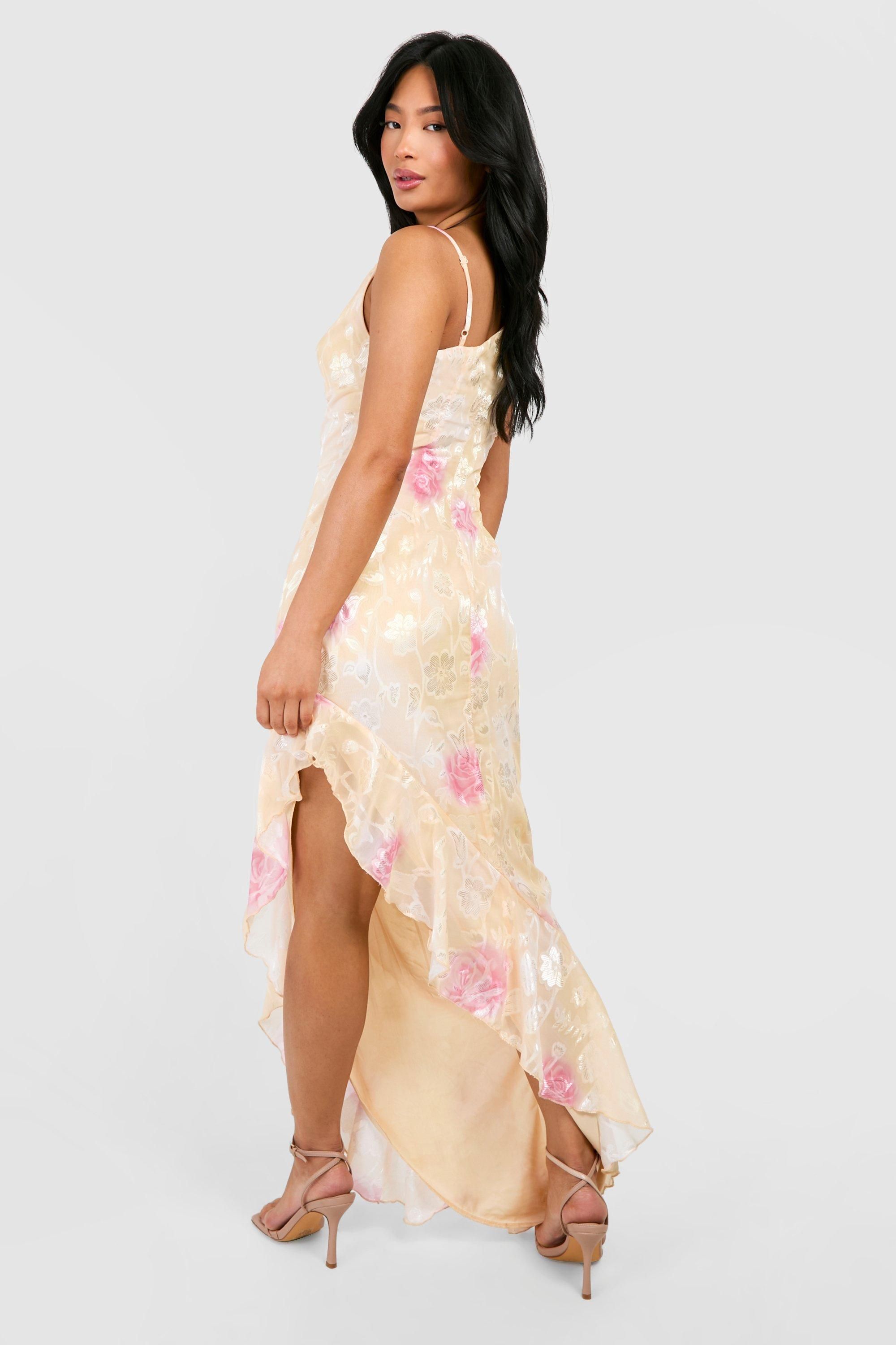 Petite Lace Floral Asymmetric Ruffle Midaxi Dress | Boohoo.com (UK & IE)