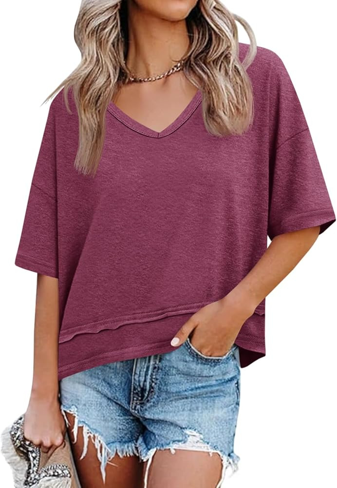 Cicy Bell Womens Summer V Neck T Shirts Casual Short Sleeve Flowy Tops Cute Loose Fit Basic Tees | Amazon (US)