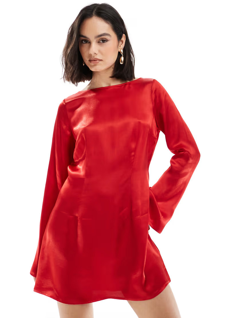 Miss Selfridge satin fit and flare long sleeve dress in red | ASOS (Global)