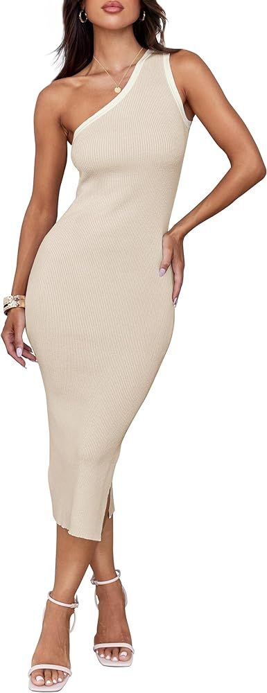 ZESICA Women's Summer One Shoulder Bodycon Midi Dresses 2024 Casual Sleeveless Ribbed Knit Side S... | Amazon (US)