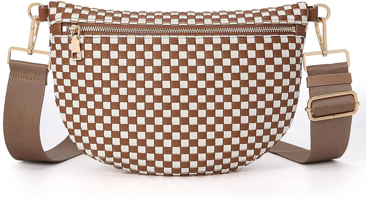 YFGBCX Woven Crossbody Bags for Women Bum Bag Checkered Sling Bag Faux Leather Crossbody Purse | Amazon (US)