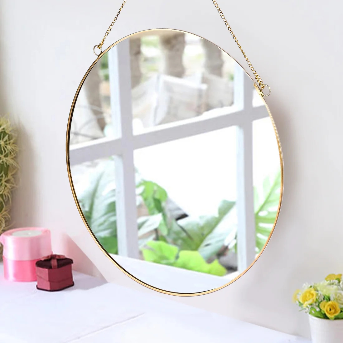LONGWIN Hanging Wall Circle Mirror Decor Gold Geometric Mirror with Chain for Bathroom Bedroom Li... | Walmart (US)