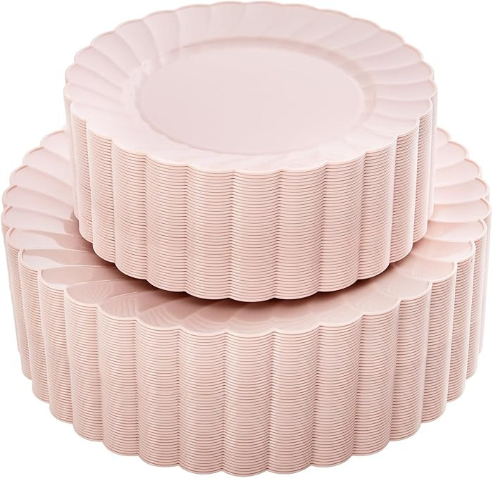 100PCS Pink Scalloped Plastic Plates - Heavy Duty Pink Disposable Fancy Hard Plates Include 50 Di... | Amazon (US)