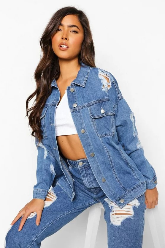 Oversized Busted Boyfriend Denim Jacket | Boohoo.com (US & CA)