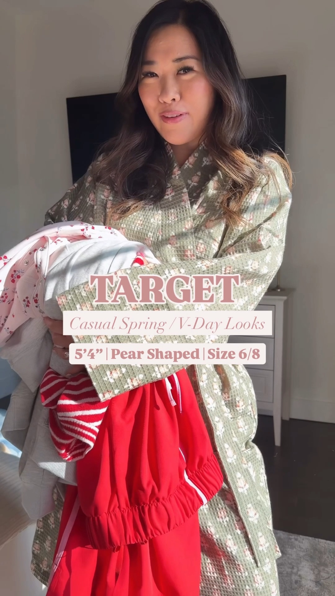 Target Spring and Valentine’s Day outfits!
Robe: S/M
Striped ❤️ Sweater: Large
Bow Track Pants: Medium
Gingham Sports Bra: Medium
Gingham Leggings: Medium
Pink Cardigan: Medium
Floral Tennis Dress: Medium
Floral Pullover: Large
Grey Zip Up: Large
Barrel Sweats: Small