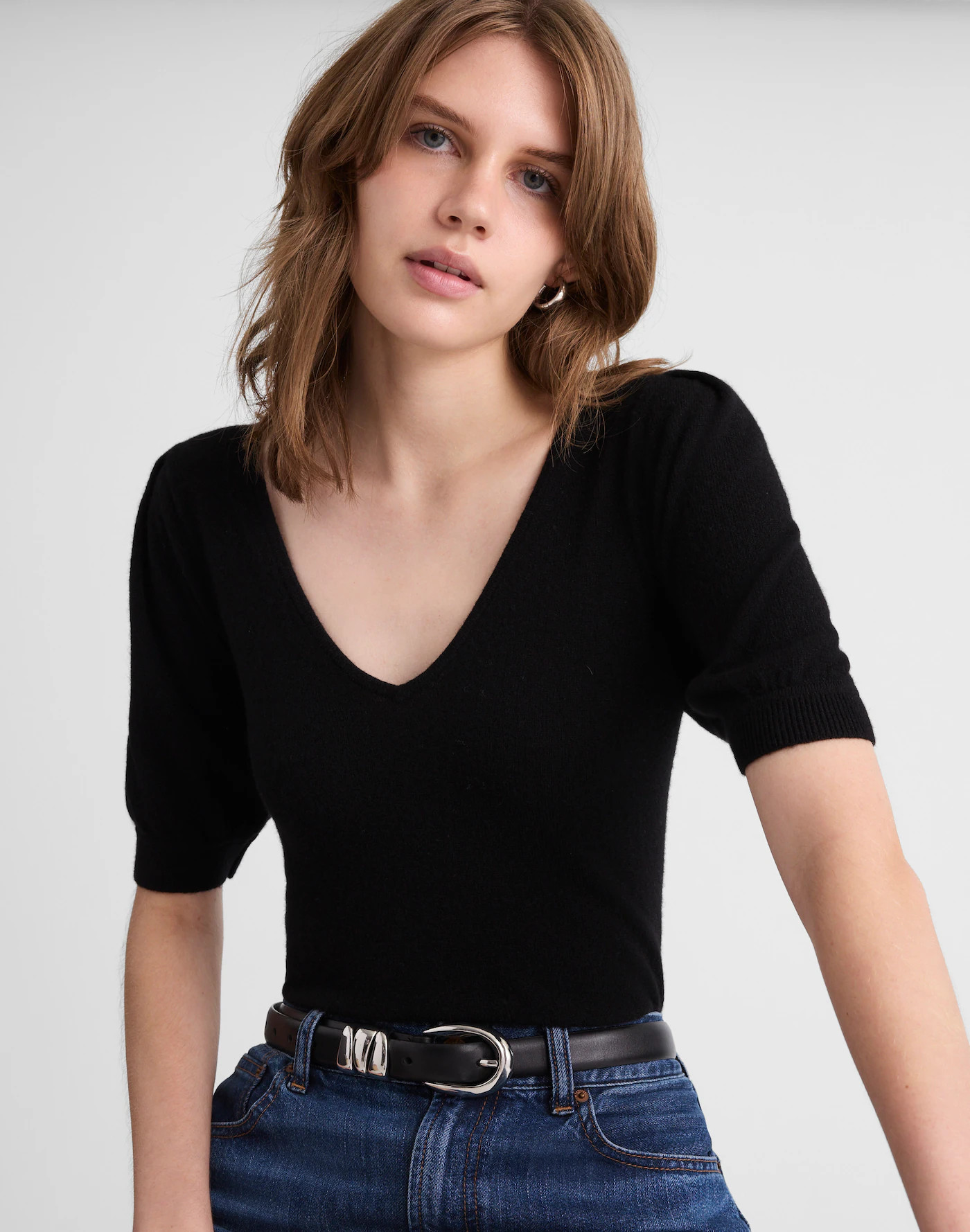 Cashmere V-Neck Puff-Sleeve Sweater Tee | Madewell | Madewell