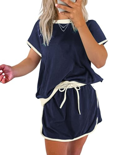 SELINK Lounge Sets for Women 2 Piece Skirt Colorblock Drop Shoulder T Shirt and Skort Set Summer Tracksuits Navy-L | Amazon (US)