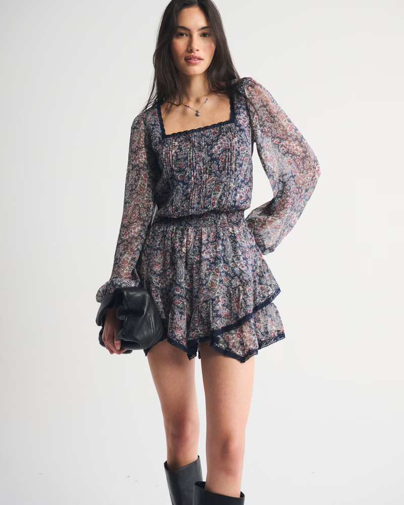 Long-Sleeve Squareneck Tiered Skort | Abercrombie & Fitch (US)