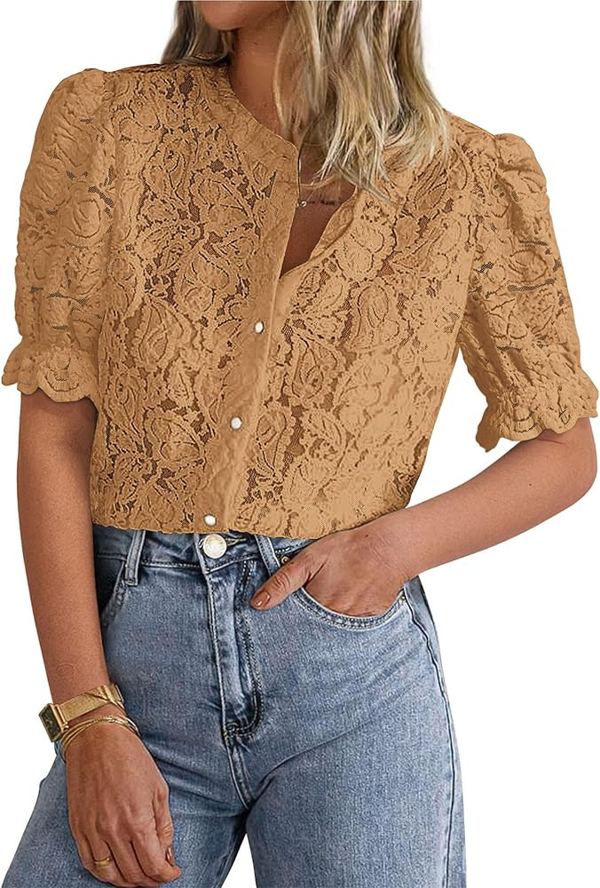 PRETTYGARDEN Womens Summer Lace Tops Short Puff Sleeve Casual Dressy Blouses Eyelet Crew Neck But... | Amazon (US)