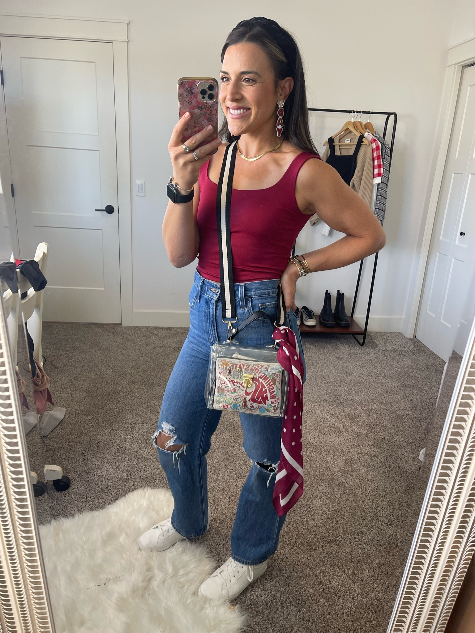 Game day outfit idea | football game style | crimson | burgundy | maroon ~ clear bag | Levi’s | style ideas | college football outfit | 

#LTKSeasonal #LTKparties #LTKstyletip