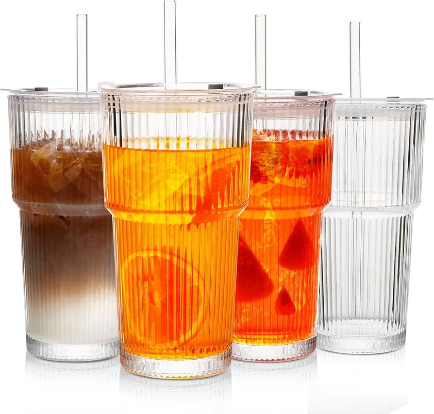 20Oz Ribbed Glass Tumblers with Lids and Straws, Vintage Glass Cups Thickened Drinking Glasses Se... | Amazon (US)
