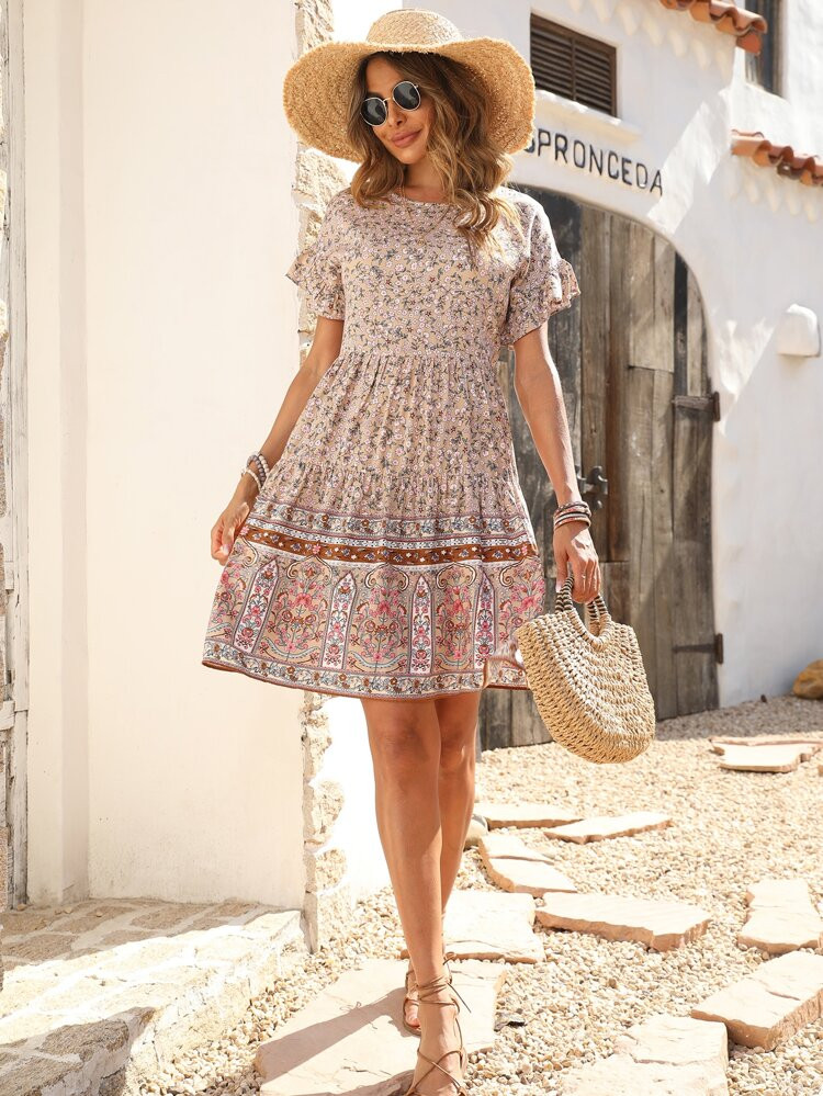 Floral Print Flounce Sleeve Ruffle Hem Beach Dress | SHEIN