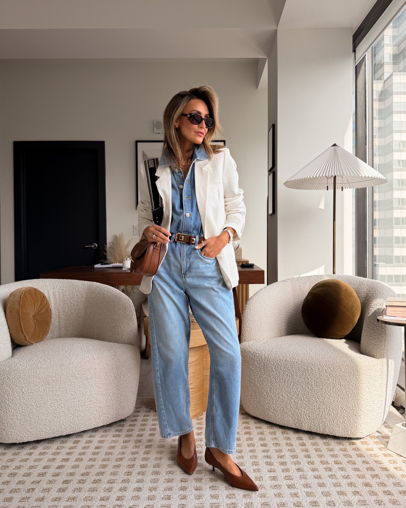 Easy way to elevate a denim jumpsuit - add a blazer and pointy kitten heel pumps. Mine are Zara and I think they’re so chic! A statement belt adds a little fun to this basic piece also!

#LTKSeasonal #LTKOver40 #LTKWorkwear