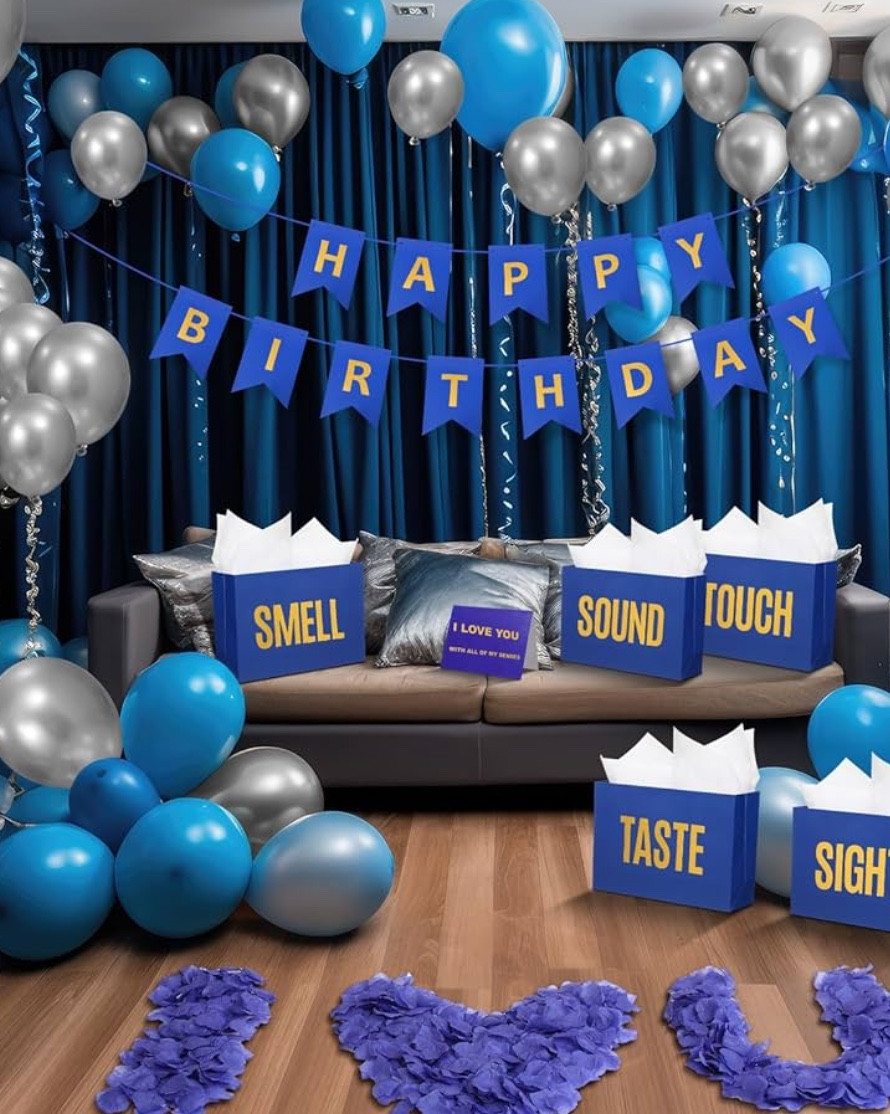 Soulchen 5 Senses Gift Birthday Decorations Five Senses Gift Bags Party Decoration with Happy Birthday Banner Taste Touch Sound Rose Petals Balloon for Party(Blue Gold)

