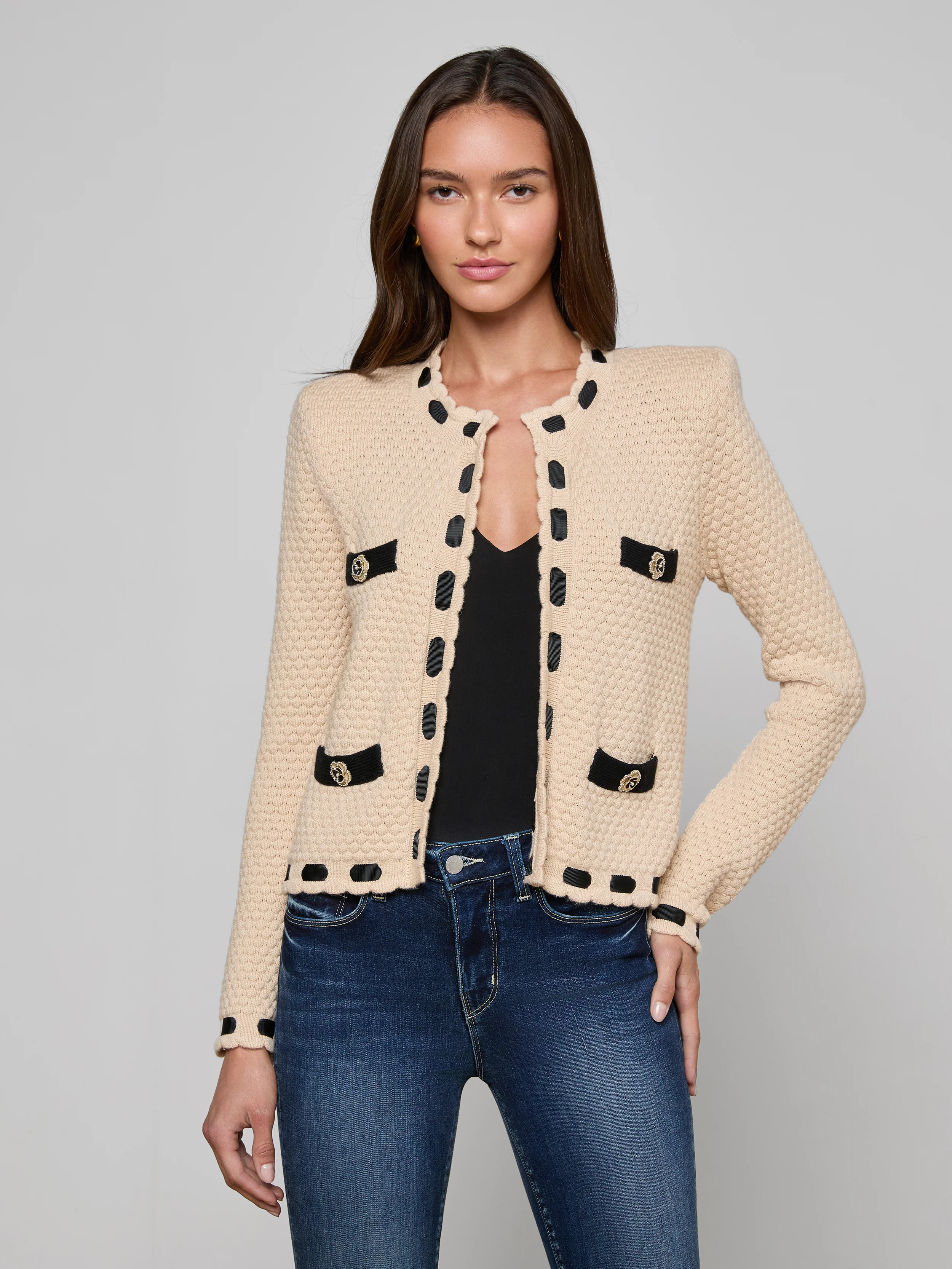 Astor Cardigan in Biscuit/Black | L'AGENCE | L'Agence