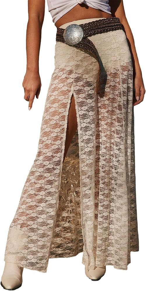 MISSACTIVER Womens Sheer Lace Maxi Skirt Sexy Mesh See Through Long Skirt High Leg Slit Flowy Boh... | Amazon (US)
