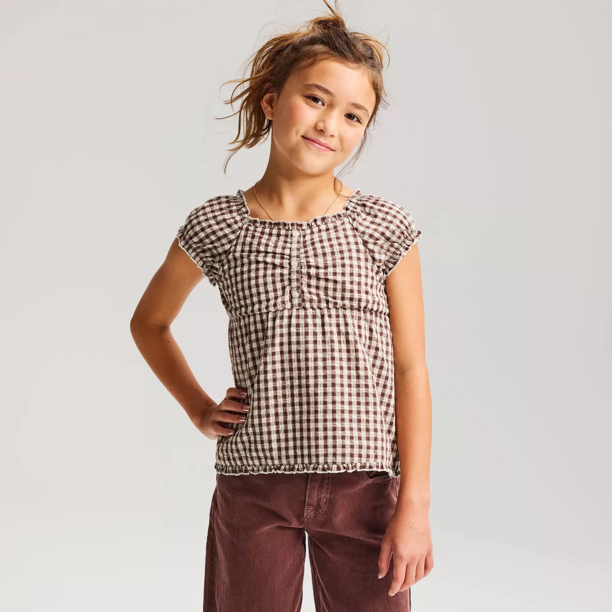 Girls' Short Sleeve Woven Gingham Blouse - Cat & Jack\u2122 Brown S | Target