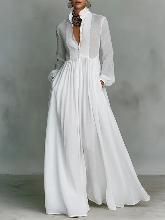 Casual Cotton Linen Maxi Dress High Waist Stand Collar Daily | Stylewe