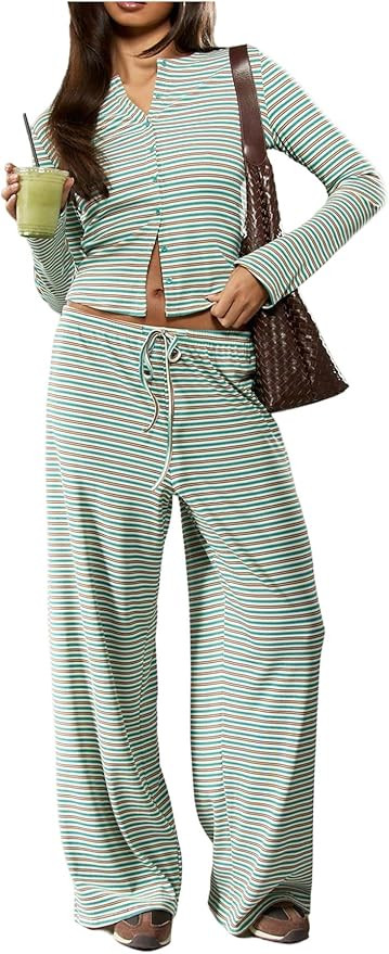 WDIRARA Women's Striped 2 Piece Pants Outfits Long Sleeve Button Down Knit Top Set Leisure Fall C... | Amazon (US)