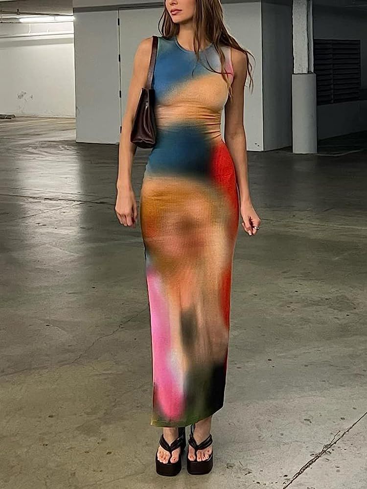 Women Tie Dye Print Tank Dress Bodycon High Split Maxi Dress Sleeveless Summer Beach Long Dresses St | Amazon (US)