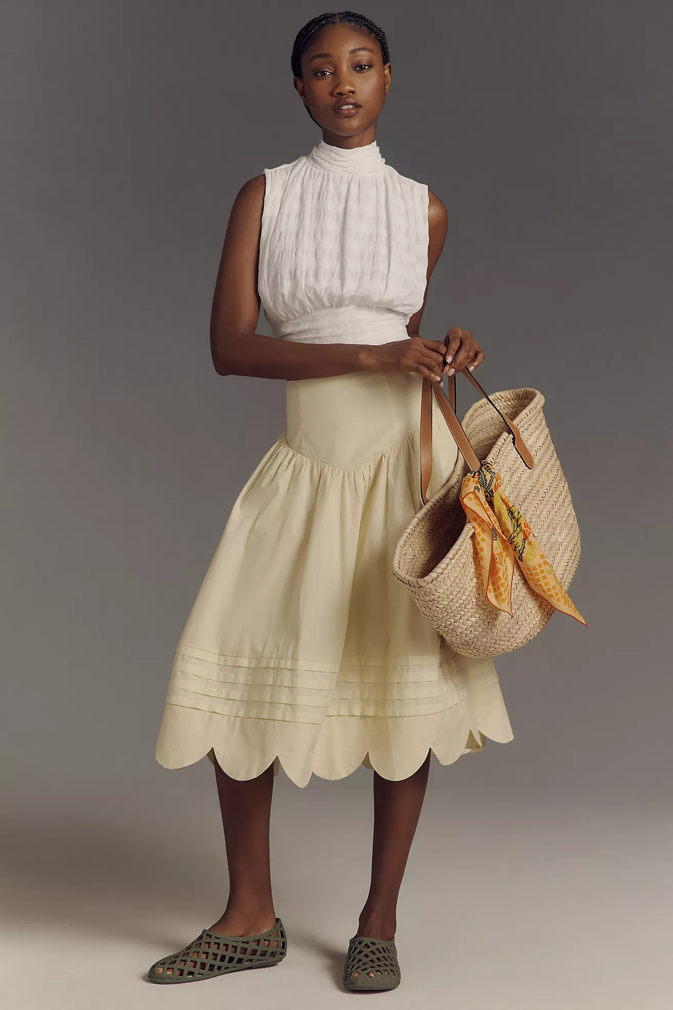 Maeve Basque-Waist Scallop-Hem Full Midi Skirt | Anthropologie (US)