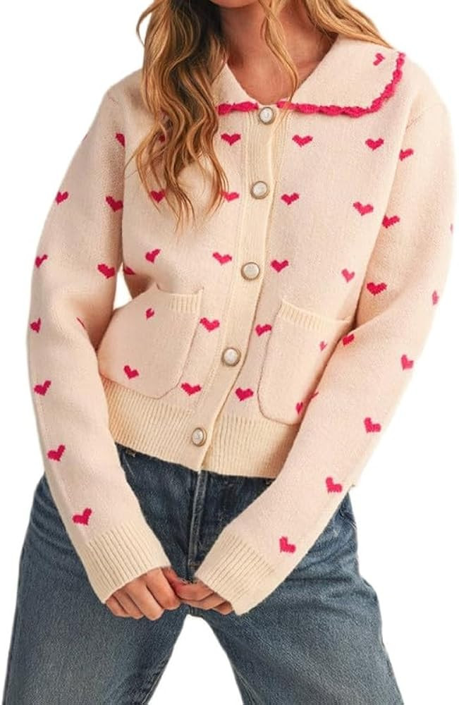 Women Valentine’s Day Heart Sweater Cardigan Cute Long Sleeve Open Front Knitted Outwear Holida... | Amazon (US)