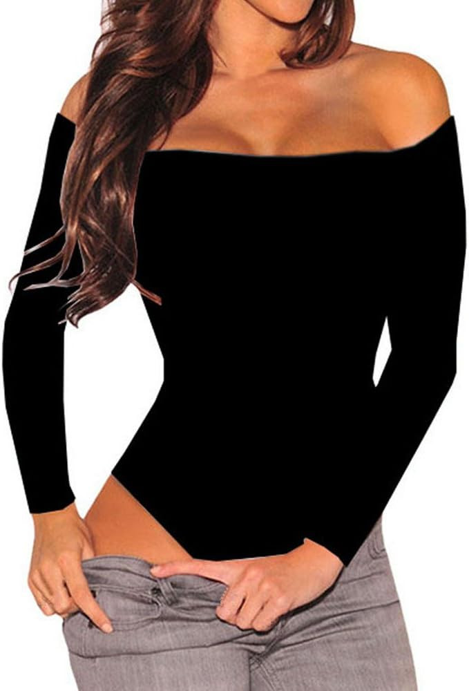 MAYFASEY Women's Sexy Off Shoulder Long Sleeve Bodycon Bodysuit Leotard Jumpsuit Tops | Amazon (US)