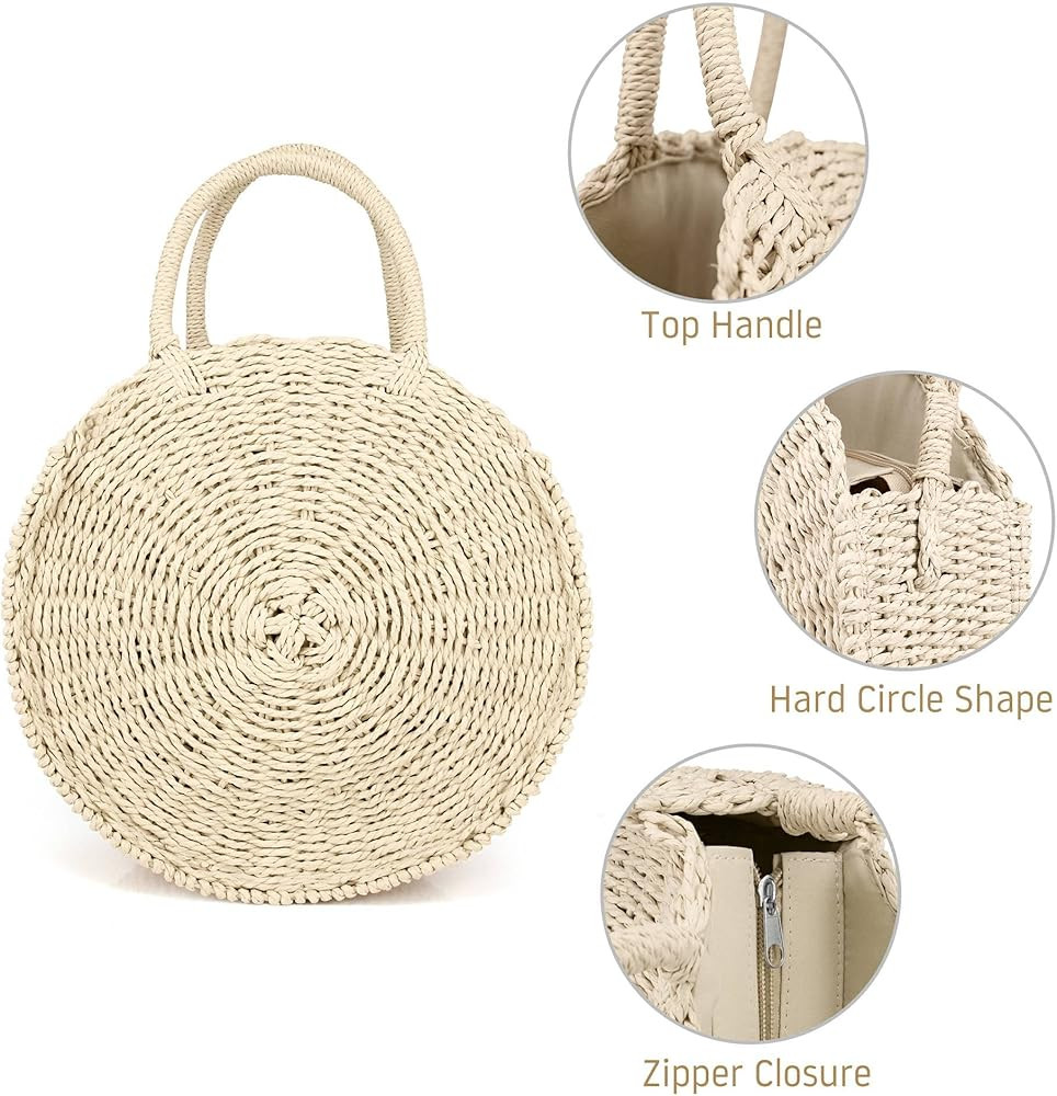 Women Straw Summer Beach Bag Handwoven Round Rattan Bag Cross Body Bag Shoulder Messenger Satchel | Amazon (US)