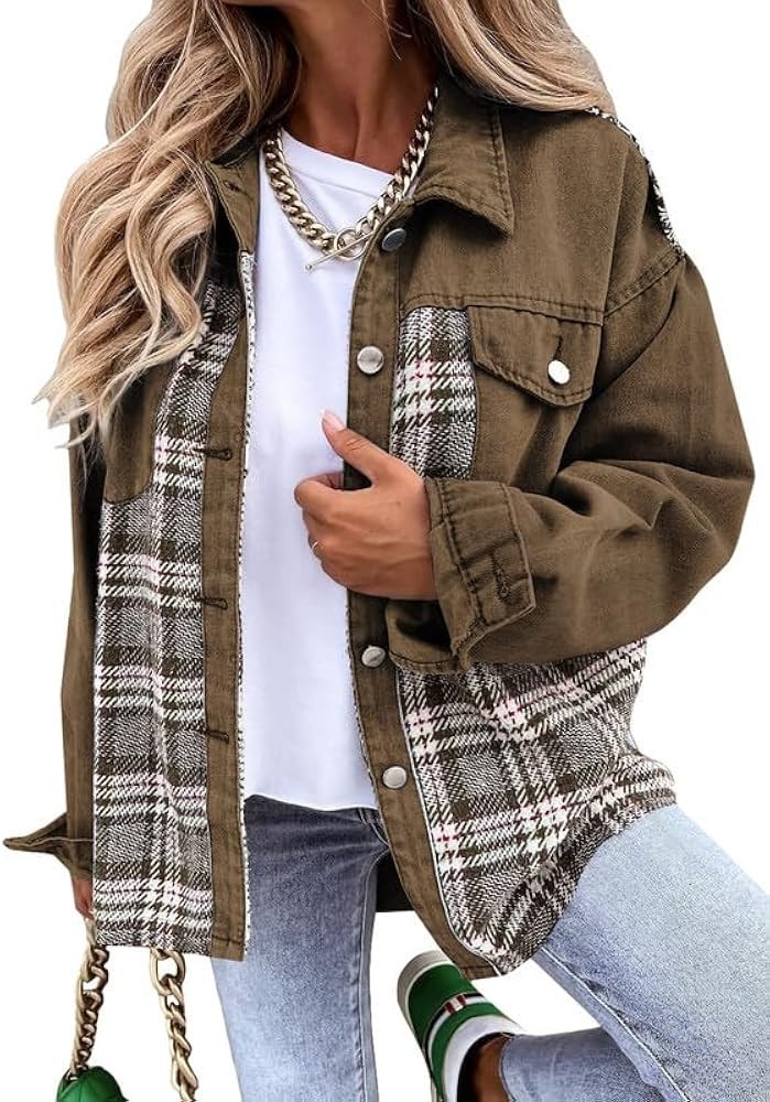 SHEWIN Women's Oversized Denim Jacket Casual Long Sleeve Button Down Plaid Shacket Boyfriend Jean... | Amazon (US)