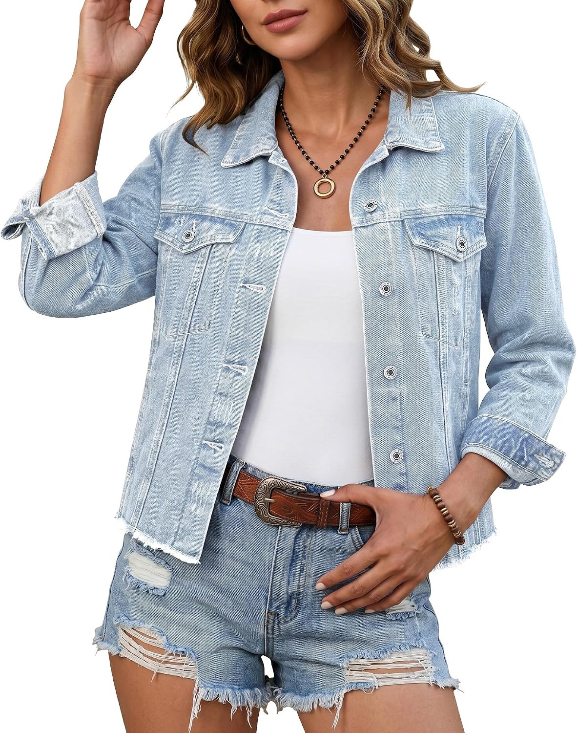 luvamia Denim Jacket for Women Distressed Jean Jackets Button Up Vintage Western Trucker Jacket Frayed Hem Pockets | Amazon (US)