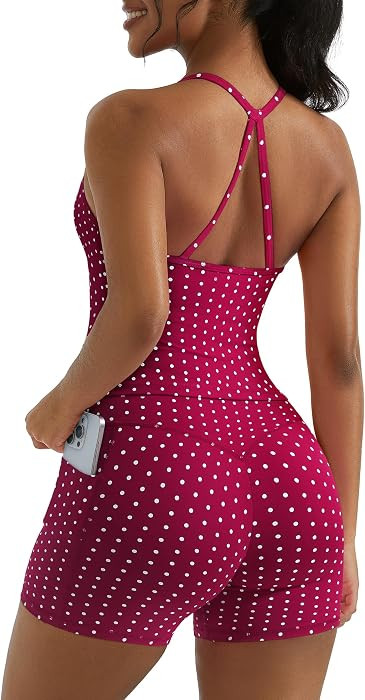 OMKAGI Women 2 Piece Workout Sets Padded Workout Tops Booty Shorts Pockets | Amazon (US)