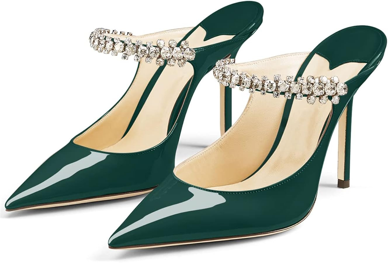 Jimishow Heeled Mules for Women with Rhinestone Stiletto Closed Toe 4 inches Kitten High Heels Sa... | Amazon (US)