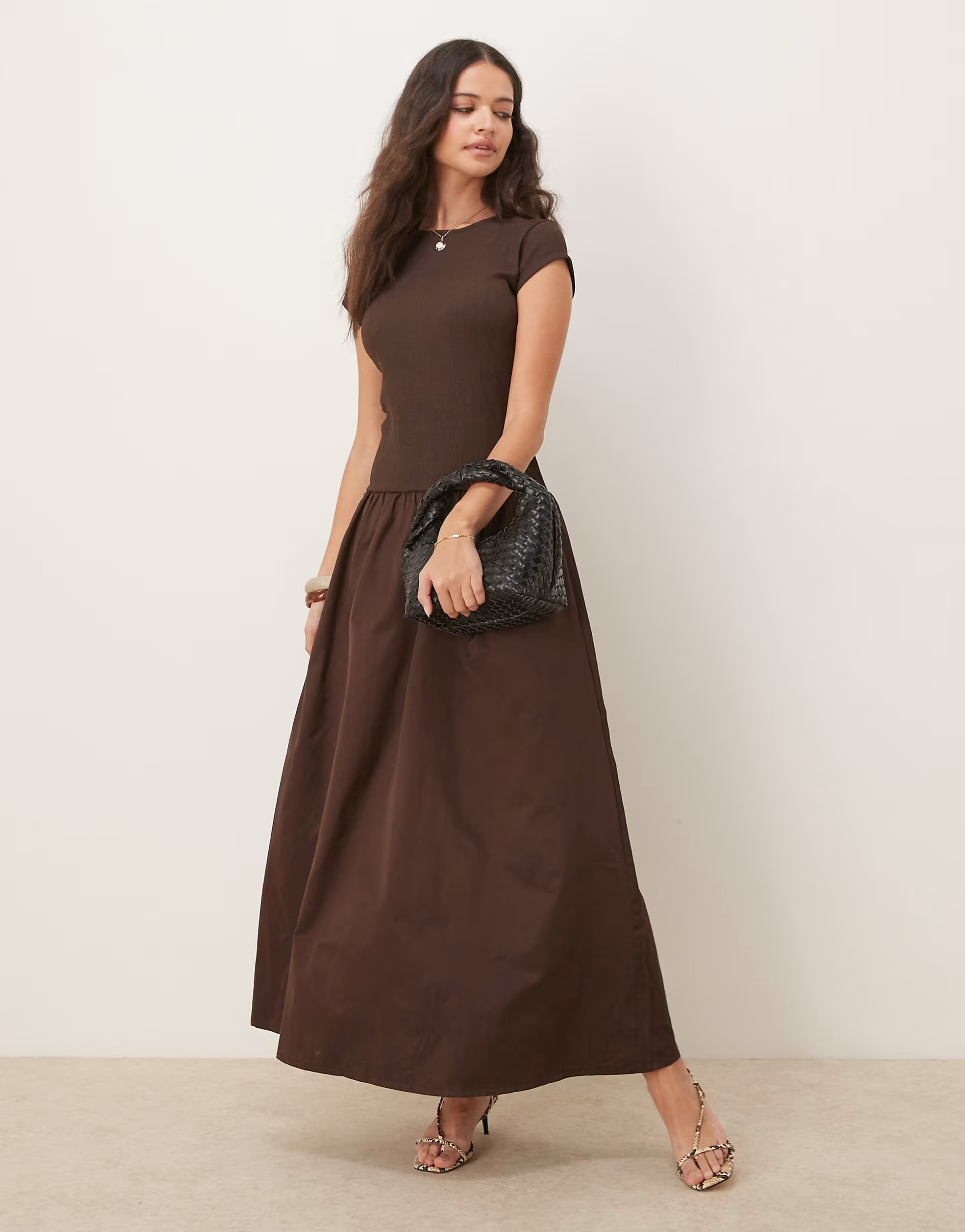 ASOS DESIGN texture mixed woven skirt maxi dress in brown | ASOS (Global)