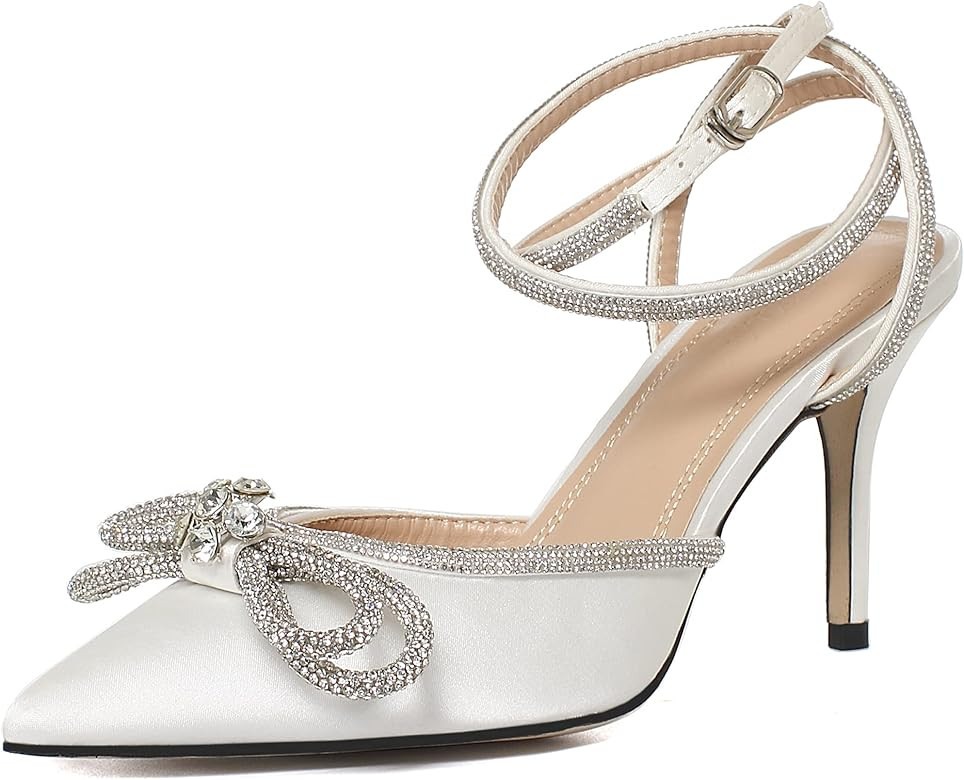 Women's High Heeled Sandals Pointed Toe Double Crystal Bows Glitter Satin Backless Ankle Straps B... | Amazon (US)