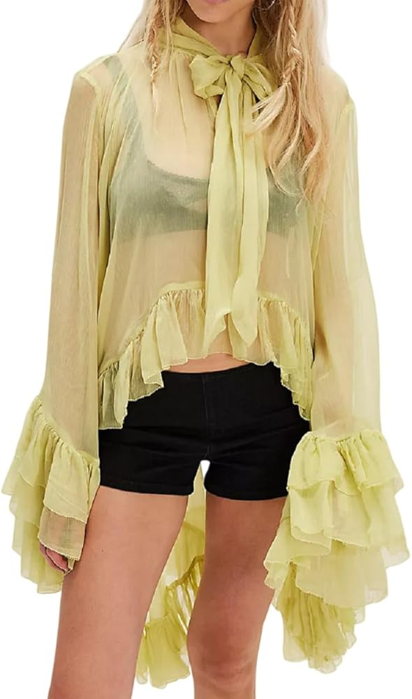 NUFIWI Women's Sheer Ruffle Trim Blouse with Self Tie Neck | Amazon (US)