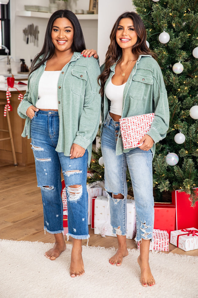 Under The Mistletoe Green Acid Wash Shacket | Pink Lily