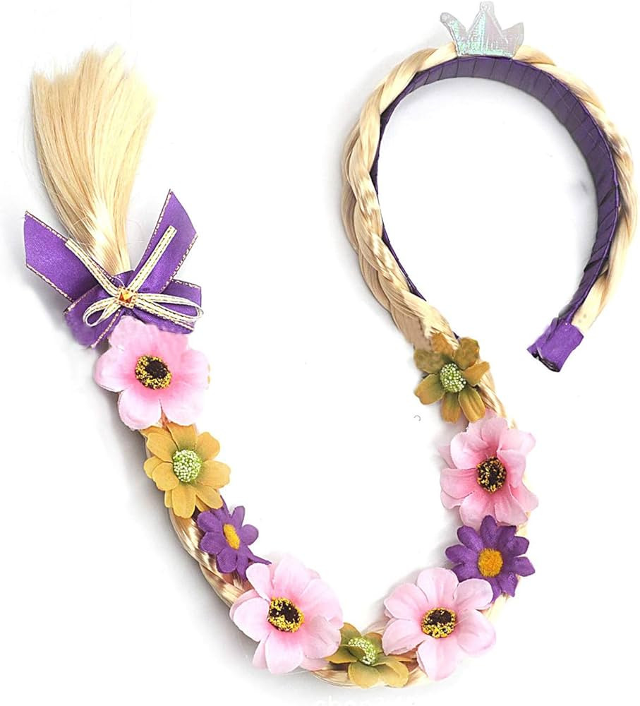 Princess Dress up Wigs, Princess Rapunzel Long Braided Wig Headbands with Tiara Flowers Adorn for... | Amazon (US)
