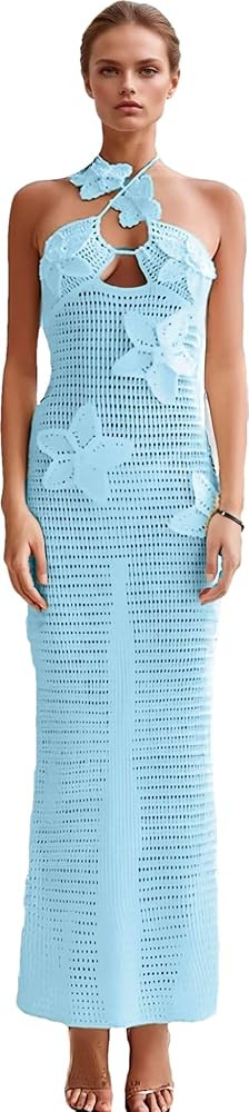 RanRui Women's Halter 3D Flower Knitted Hollow Out Beach Dress balckless Open Back Swimsuit Cover... | Amazon (US)